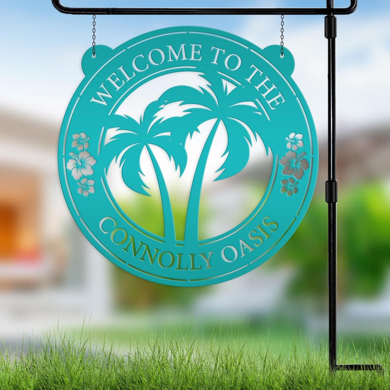 Palm Tree Hanging Pool or Patio Sign - Rental Property Address Sign- Tropical Decor - Housewarming Gift - Anniversary Gift -Porch Home Decor Teal