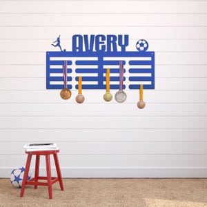 Medal Holder, Personalized Award Wall Rack, Metal Custom Name Hanging Display for Soccer Awards, Boys and Girls Sports Bedroom Sign