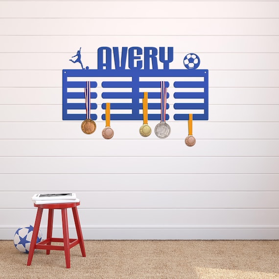 Medal Holder, Personalized Award Wall Rack, Metal Custom Name Hanging Display for Soccer Awards, Boys and Girls Sports Bedroom Sign