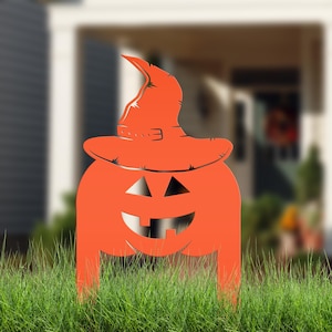 Pumpkin with Witch Hat Metal Yard Stake - Halloween Decor
