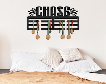 Medal Holder for Race Track Awards, Personalized Award Wall Rack, Metal Custom Name Hanging Display, Boys and Girls Sports Bedroom Sign