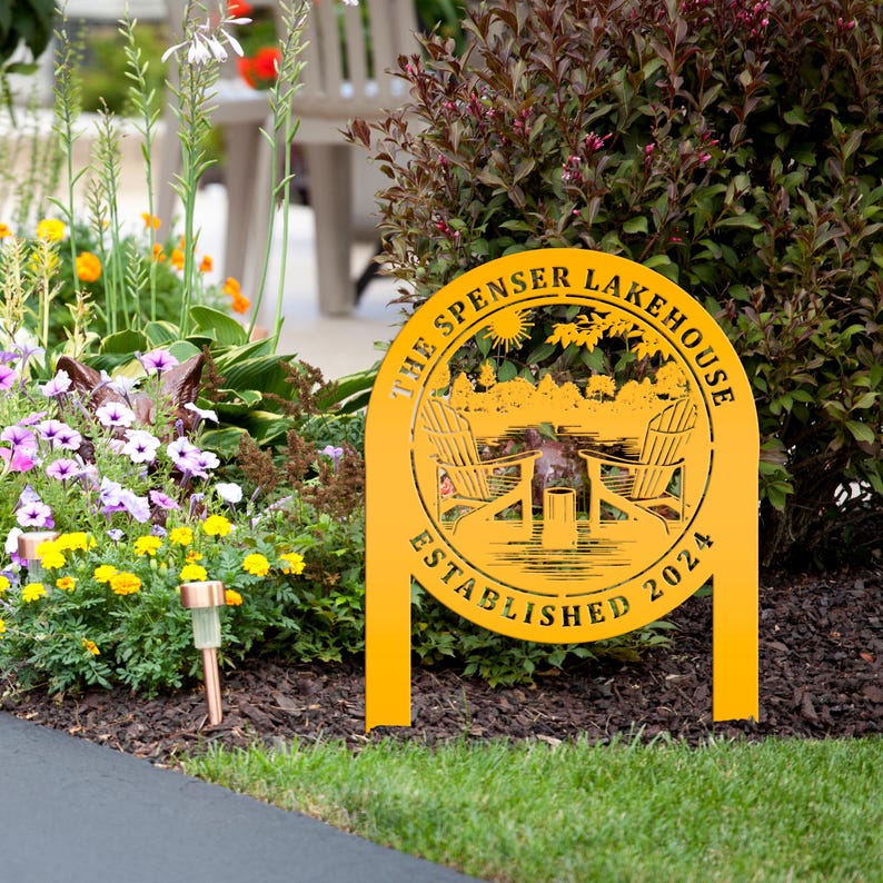 Custom Metal Lake Sign, Lake House Address Plaque, Personalized Outdoor Cabin Sign, Lake Decor, USA Made Lake House Gift Yellow