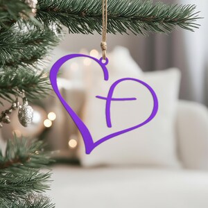 Metal Heart Cross Ornament, Christian Holiday Decor, Gift topper Purple