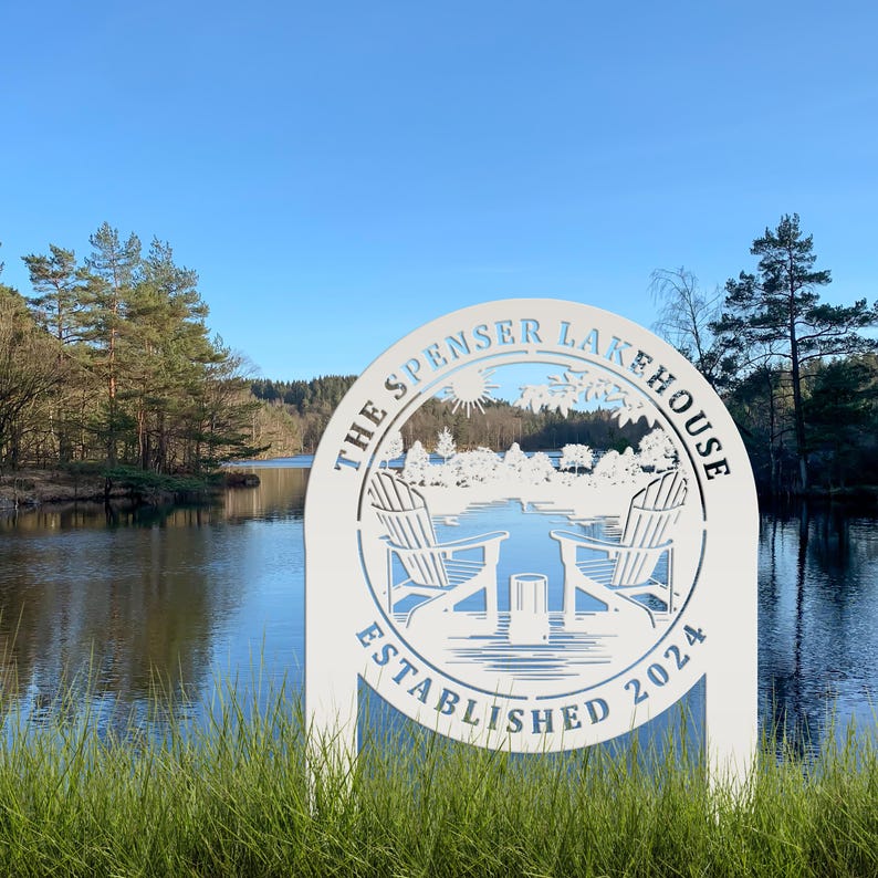 Custom Metal Lake Sign, Lake House Address Plaque, Personalized Outdoor Cabin Sign, Lake Decor, USA Made Lake House Gift Matte White