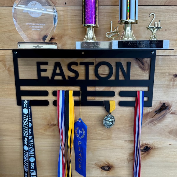 Medal Hanger with Trophy Shelf, Wall Display for Sports Ribbons and Awards, Great Gift Idea for any athlete, Display all your awards here!