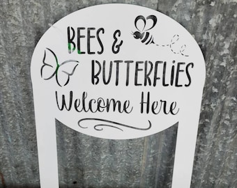 Garden Sign with Bees and Butterfiles, Metal Yard Stake, Outdoor Garden Decor, Mother's Day Gift