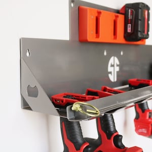 Work Trailer Tool Holder, Utility Van Power Tool Organization, Cordless Drill Metal Hanging Rack with locking bar and battery storage