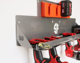 Work Trailer Tool Holder, Utility Van Power Tool Organization, Cordless Drill Metal Hanging Rack with locking bar and battery storage