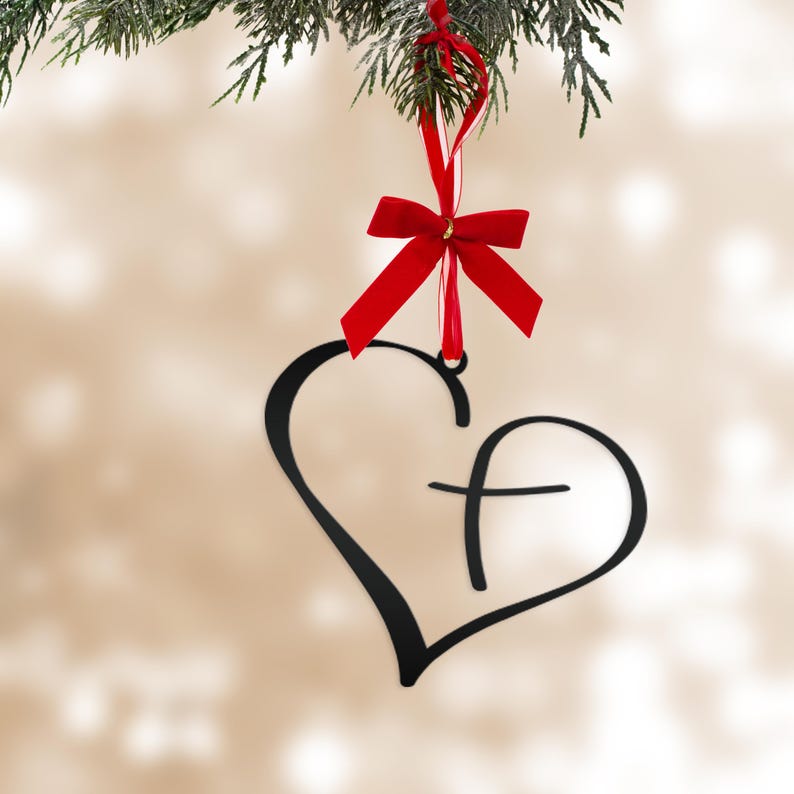 Metal Heart Cross Ornament, Christian Holiday Decor, Gift topper Matte Black