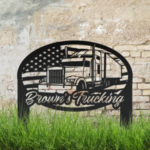 Semi-Truck Yard Stake, Metal Customized Big Rig Decor, 18-Wheeler Trucker Gift, Outdoor Steel Business Sign, Personalized Tractor Trailer image 1