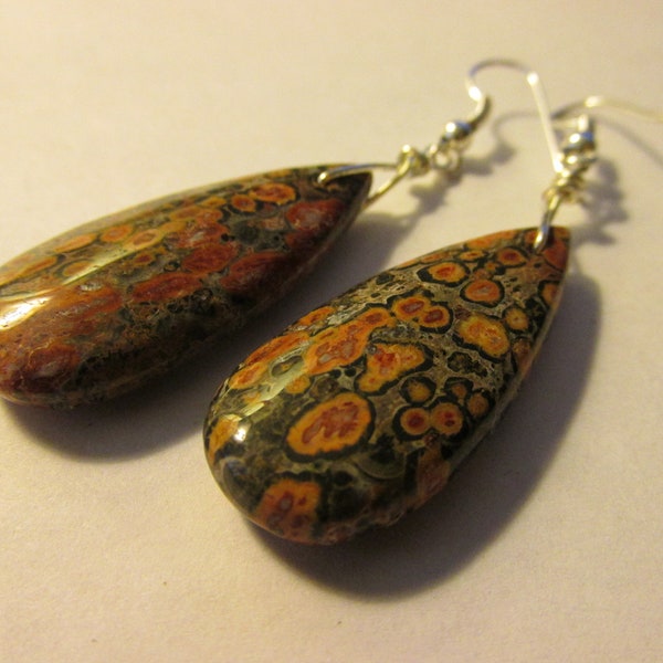 Brown Leopard Skin Jasper Gemstone Dangling Earrings, 1 1/4"