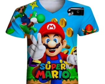 May include: A blue t-shirt featuring a colourful graphic print of Super Mario characters, including Mario, Luigi, Yoshi, and a Goomba. The text "Super Mario" is printed in large, bold letters.