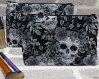 Set of 2 small and large skull makeup bags, skull makeup bag, skull wash bag, small and large, gothic valentine gift, gift for her, skeleton