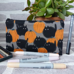 Black cat pencil case, cat in a pumpkin patch, halloween pencil case, black cat, gift for her, gift for cat lover, christmas gift, halloween