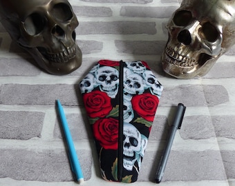 Coffin pencil case, Coffin shape pencil case, Coffin design, skull pencil case, skull and roses, red roses skull, coffin,  gift