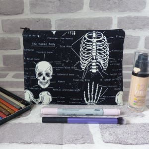 Skull pencil case, skull makeup bag, anatomy bag, skeleton bag, glow in the dark, school supplies , gift, birthday present image 1