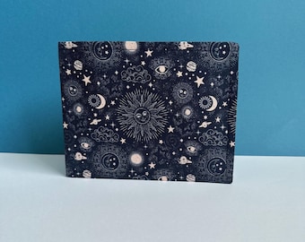 Handmade blue badge sleeve with sun and moon print | sun and moon print blue badge holder, blue badge cover, astrology print