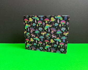 Handmade blue badge sleeve with trippy mushroom print | psychedelic print blue badge holder, blue badge cover, mushroom print