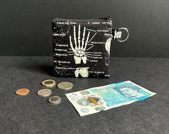 Handmade Anatomy print coin purse | Fabric coin pouch, skeleton coin purse, skeleton change holder, glow in the dark