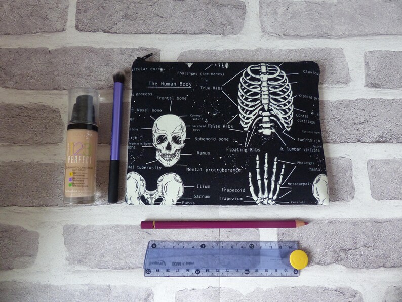 Skull pencil case, skull makeup bag, anatomy bag, skeleton bag, glow in the dark, school supplies , gift, birthday present image 3