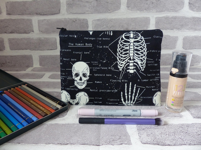 Skull pencil case, skull makeup bag, anatomy bag, skeleton bag, glow in the dark, school supplies , gift, birthday present image 1