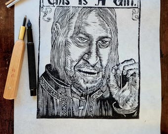 Lord of the Rings medieval-style woodcut print - "Boromir's Gift"