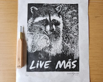 Raccoon Eating Cheesy Gordita Crunch - woodcut print - Animals Eating Fast Food Series