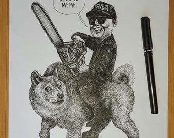 Elon Musk "I Am Become Meme" original pen and ink drawing "NFT"