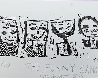 The Funny Gang (first linocut by my 7-year old)