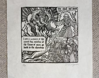 Lord of the Rings medieval-style woodcut print - Gandalf vs Balrog in the Halls of Moria