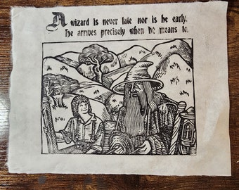 Lord of the Rings medieval-style woodcut print - Gandalf and Frodo at Bilbo's 111th Birthday