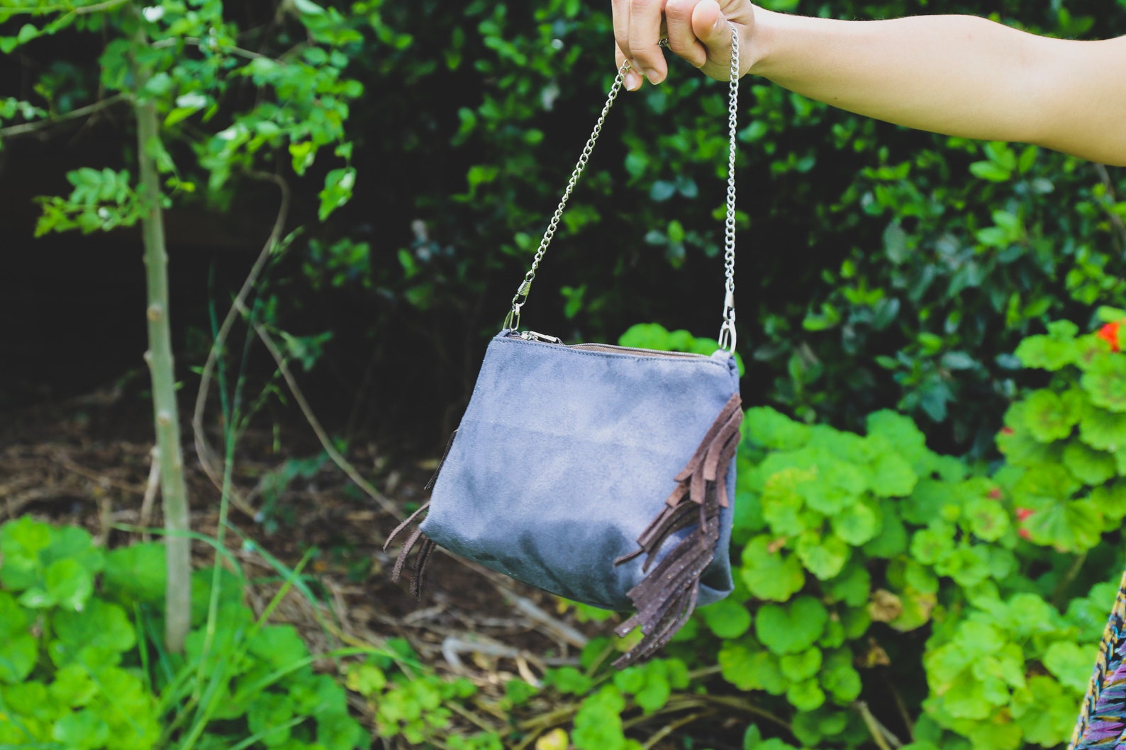Small Velvet Crossbody Bag on Chain in Grey With Brown Fringe Etsy
