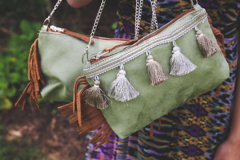 Small Velvet Crossbody Bag on Chain in Green With Brown Fringe Etsy