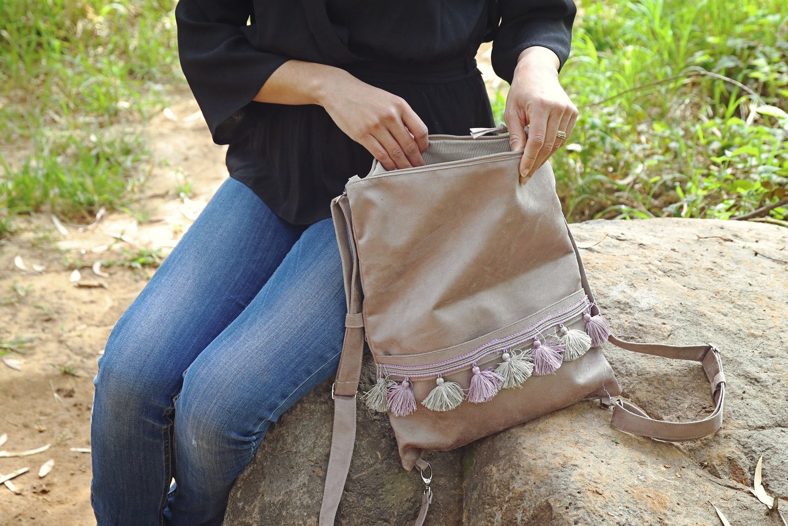 6 Way Wear Velvet Backpack/purse in Grey With Tassel Etsy
