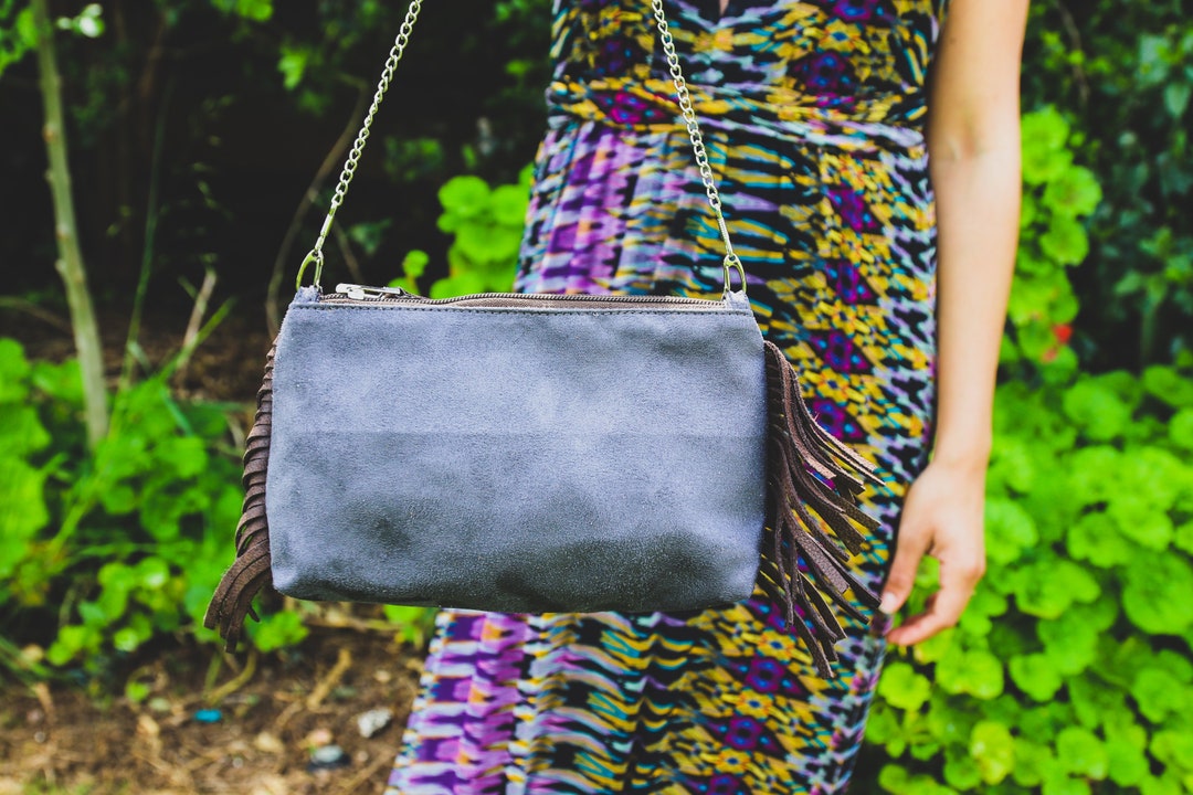 Small Velvet Crossbody Bag on Chain in Grey With Brown Fringe Etsy