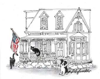 Cat And Dog And Flag Print, Cat Art Print, Victorian House Art, Cat Wall Decor, American Flag Art Print, American Flag Wall Decor, Flag Art