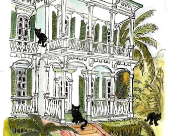 May include: A watercolor illustration of a white house with a green roof and green shutters. The house has a porch with a white railing and a staircase leading up to the porch. There are four black cats in the illustration, one on the porch, one on the balcony, and two in the yard.