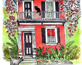 Cats And Their Red White French Quarter Home, Victorian Style Home, Cat Art Print,Cat Wall Decor,French Quarter Mansion, New Orleans Mansion
