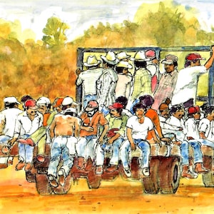May include: A watercolor painting of a group of people riding in the back of a truck. The people are all wearing hats and are looking out of the truck. The truck is driving down a dirt road.