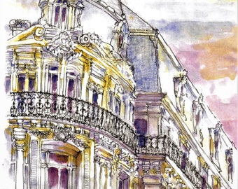 French Government Building Art Print: Ornate Watercolor Painting