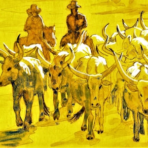 Cowboys Herding Longhorn Cattle, Cowboy Art, Herding Cattle Art, Western Wall Decor, Western Art Print, Cowboy Wall Decor, Cattle Wall Decor