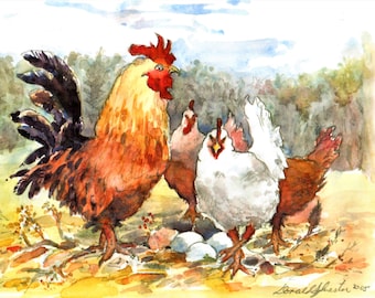 Chickens and Eggs Watercolor Art Print: Farmhouse Rooster Decor