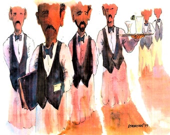 Restaurant Art Prints, Restaurant Art, Waiter Art Prints, Restaurant Workers,  Six Waiters Ready For Their Customers