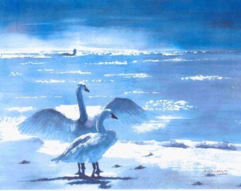 Swans On Galveston Island, Texas Wall Decor, Texas Art, Blue Swan Art, Swan Wall Decor, Birds Art Print, Blue Art Print, Beach Art Print