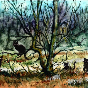 Cats - Black Cats Near An Old Tree, Cat Art Print, Cat Wall Decor, Black Cat Art Print, Playing Cats, Black Cats, Black Cats In The Country