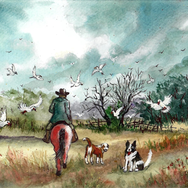 ORIGINAL - Cowboy Dogs And White Birds, Cowboy Art Print, Cowboy And Dogs, Cowboys And Birds, Cowboy Wall Decor, Cowboys And Dogs, Cowboys