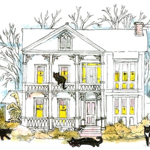 Cats Around A Victorian House Style Mansion, Cat Art Print, Black Cat Print - New Orleans House, Beautiful French Quarter Victorian Mansion
