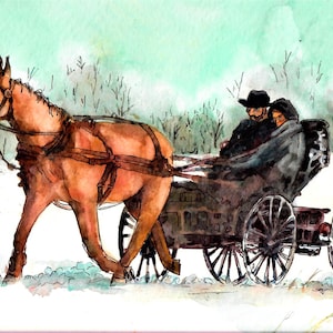 Amish Couple Watercolor Art Print: Winter Buggy Landscape