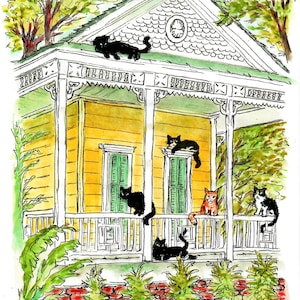 Black Cats In New Orleans, New Orleans Victorian Houston, Black Cat Art Prints, Cat Wall Decor, New Orleans Wall Decor, New Orleans Prints
