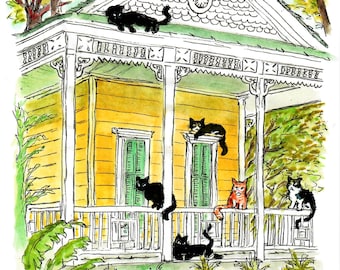 Black Cats In New Orleans, New Orleans Victorian Houston, Black Cat Art Prints, Cat Wall Decor, New Orleans Wall Decor, New Orleans Prints